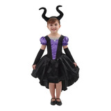 Fantasia Feminina Infantil Bruxinha Halloween + Tiara Chifre