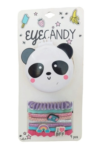 Espejo De Bolsillo Oso Panda + Ligas Para Cabello 