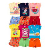 Kit 8 Peças De Roupa Infantil Feminino 4 Camisas + 4 Shorts