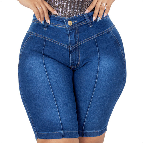 Bermuda Jeans Feminina Plus Size Com Lycra Cintura Alta