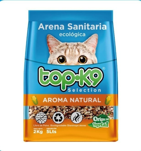 Arena Sanitaria Ecológica Top-k9 2kg Aroma Natural X 2kg De Peso Neto