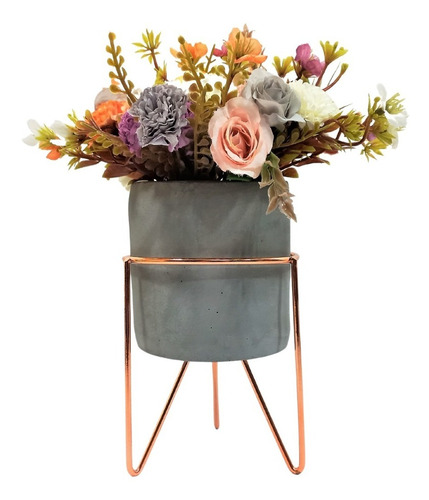 Vaso Cachepô Rose Gold Com Suporte +  Planta Articial