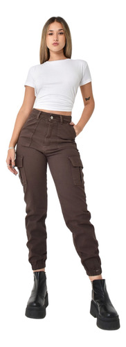 Jean Mom Boyfriend Cargo Jogger Choco Rigido Mujer Tiro Alto