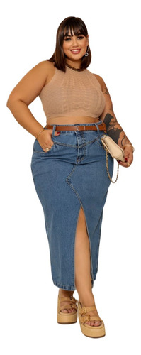 Saia Jeans Midi Feminina Plus Size Cintura Alta Verão 46/54