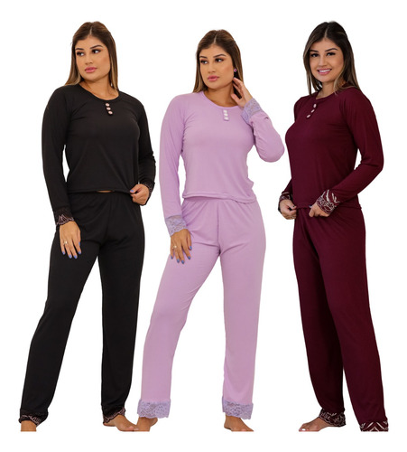 Kit 3 Pijamas De Frio Feminino Manga Longa Calça Personagem