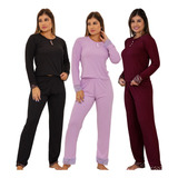 Kit 3 Pijamas De Frio Feminino Manga Longa Calça Personagem