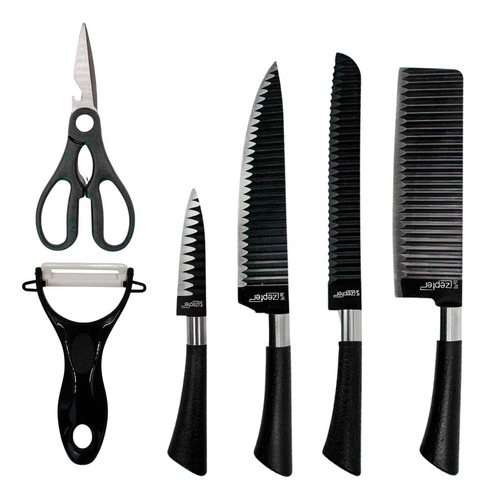 Jogo De Facas 6 Peças Com Tesoura Knife Set Preto