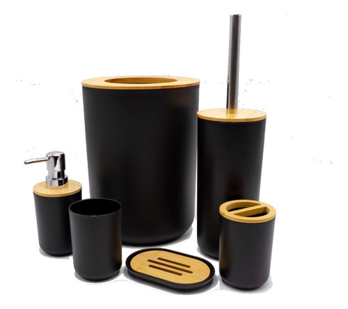 Set Para Baño De 6 Accesorios De Pvc Negro Con Madera(bambú)