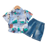 Set Camisa Short Mezclilla Azul Bebe Niño Moda Verano 2pzs