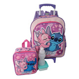 Mochila Infantil Lilo & Stitch Rosa Rodinhas G + Lancheira