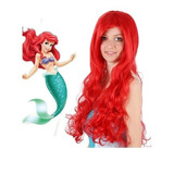 Peruca Longa Vermelha Princesa Sereia Ariel Cosplay 70 Cm