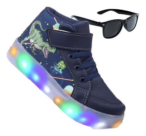 Tênis De Led Masculino Infantil Dinossauro Botinha + Oculos