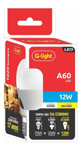 Kit Com 50 Lâmpada Led Bulbo E27 12w Bivolt 6500k G-light
