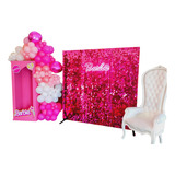 Alquiler Caja Barbie + Shimmer Wall + Cartel Neon + Globos 