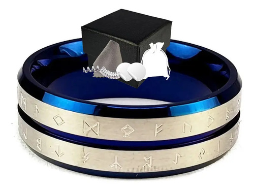 Combo Anillo Amuleto Runas Doble Azul Lujo Protección Acero