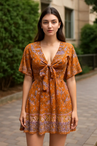 Vestido Playa Olanes Mini Corto Flores Cuello V Nudo | Envío gratis