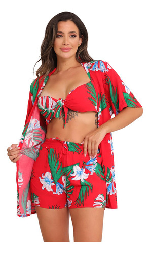 Conjunto Feminino Kimono Short Cropped 3 Peças Moda Verão