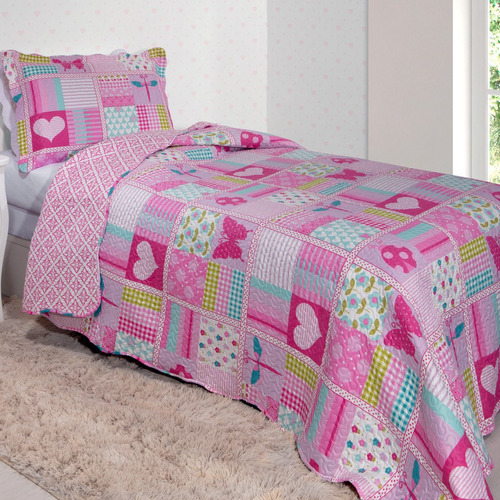 Colcha Cobre Leito Solteiro 2 Peças Estampado Patchwork Cama