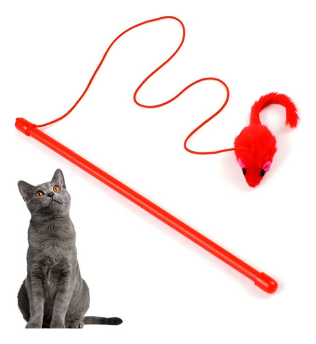 Juguete Interactivo Para Gatos Vara Forma De Caña De Pescar Color Con Ratón Rojo