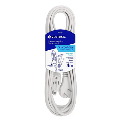 Extensión Eléctrica Doméstica, 4 M, Blanca, Volteck 48012 Blanco