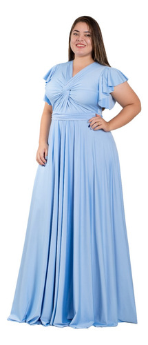 Vestido Longo Plus Size Com Busto Torcido Manga Solta Ps112