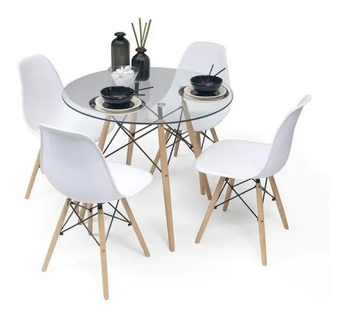 Comedor Mesa Eames Vidrio 80cm + 4 Sillas Eames Blancas