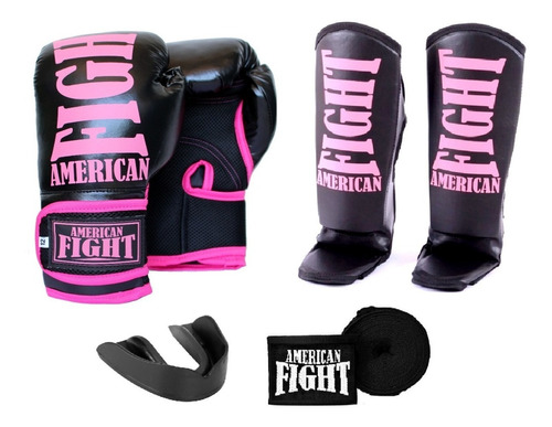 Kit Muay Thai Luva Caneleira Band Bucal American Fight Rosa