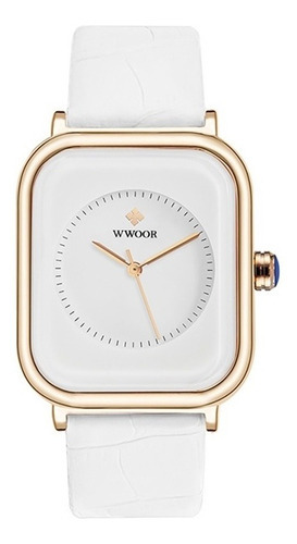 Reloj Wwoor De Cuarzo Para Mujer, Correa De Piel, Blanco, Color Bisel, Dorado