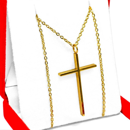 Collar Cruz Dorado Dije Acero Bañado En Oro Hombre Mujer