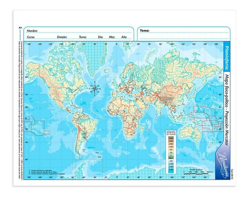 Mapa Planisferio Rivadavia Escolar Nº 3 Físico Político X20