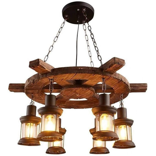 Lampara Madera Colgante Timon Rustica 6 Farol / Envio Gratis