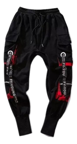 Hop Joggers Hombre Letra Cintas Bolsillos Cargo Pantalones