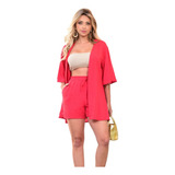 Conjunto Feminino Kit (shorts+ Kimono) Estampa Verão