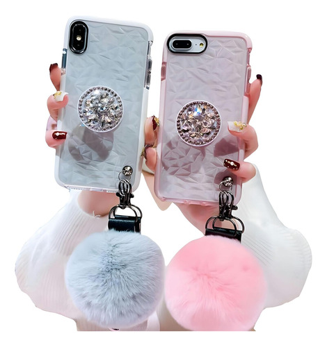 Funda Compatible Con iPhone Diamantes 3d Pompon Correa Mujer