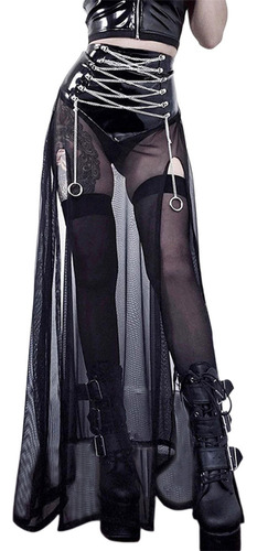 Falda Transparente Negra De Cintura Alta Con Abertura, Falda