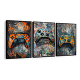 Kit 3 Quadros Decorativos Controle Gamer Vídeo Game Moldura