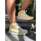 Zapatillas Sneakers Botitas Amarillas Y Blancas De Cuero Pu