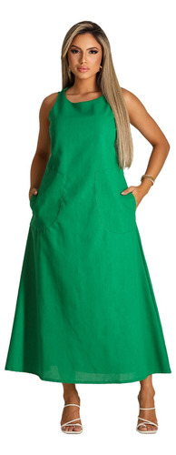 Vestido Casual Feminino Linho Liso Regata Soltinho Com Bolso