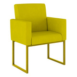 Poltrona Cadeira Decorativa Recepção Base De Ferro Dourada Cor Amarelo Desenho Do Tecido Liso
