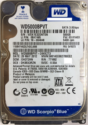 Wd Wd5000bpvt-24hxzt3 500gb Sata - 04686 Recuperodatos