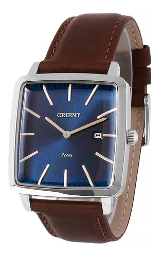 Relógio Orient Masculino Quadrado Gbsc1012 Azul Couro Marrom Cor Do Bisel Prata