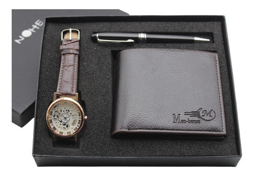 Set Para Hombre, Reloj, Cartera Y Pluma Elegante Color De La Correa Café/blanco