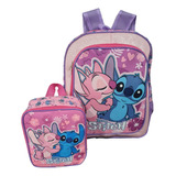 Mochila Escolar Lilo & Stitch Rosa Filme Costas G+ Lancheira