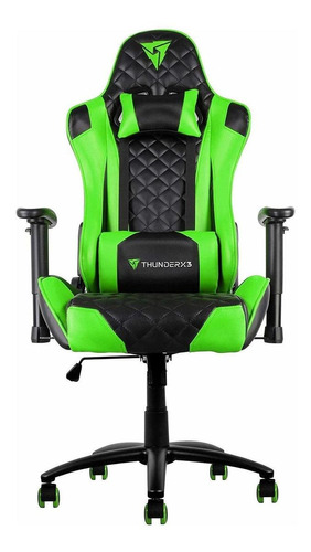 Cadeira Gamer De Escritório Ergonômica Thunderx3 Tgc12 Preto E Verde Com Estofado De Couro Sintético