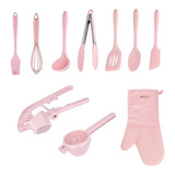 Kit Utensílios De Silicone Rosa 10 Peças Luxo