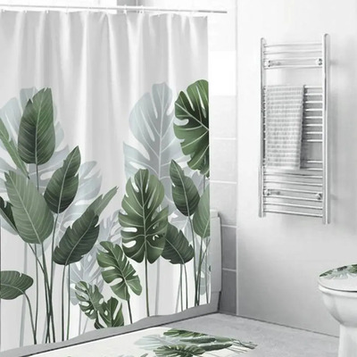 Juego De Baño Cortina De Baño Impermeable 180x180cm Con Estampado De Hojas + 3 Tapetes Antideslizantes, Poliéster Digital, Cuzama Antihongos Tela Con Ganchos | Envío gratis