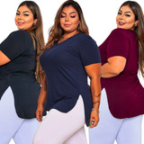 Kit 3 Blusa Feminina Longa Camiseta V Tapa Bumbum Plus Size