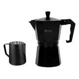 Set Cafetera Italiana 9 Taza Total Black Jarro Leche Barista