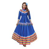 Vestido Largo Mexicana De Fiesta Manga Larga Cuello Redondo