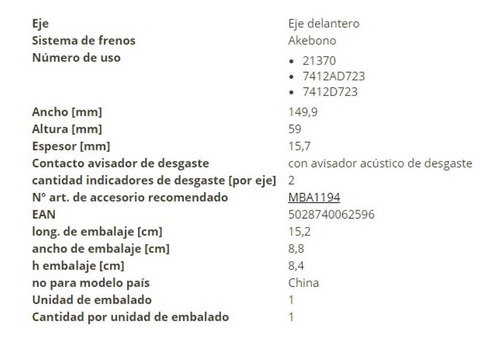 Pastillas Frenos Delantero Mitsubishi Eclipse  1993-2001 Foto 3